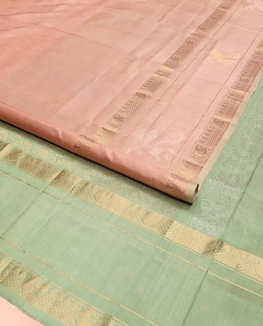 Pastel Pink Uppada Silk Saree Woven with Floral Buttas, Captivating Contrast Border of Traditional Zari Motifs and Peacock Motifs, Pallu Depicting Floral Jaal Design, and Paired with a Contrast Zari-Bordered Blouse - Image 2