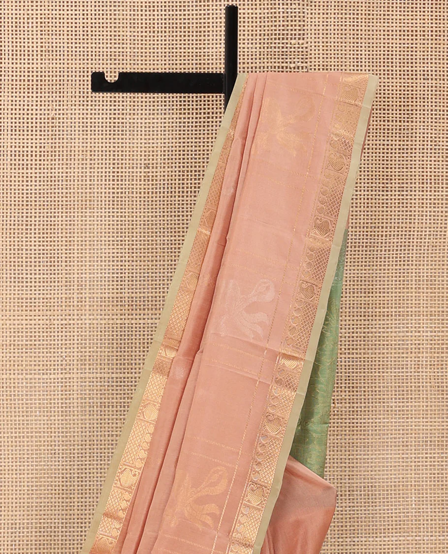 Pastel Pink Uppada Silk Saree Woven with Floral Buttas, Captivating Contrast Border of Traditional Zari Motifs and Peacock Motifs, Pallu Depicting Floral Jaal Design, and Paired with a Contrast Zari-Bordered Blouse - Image 3