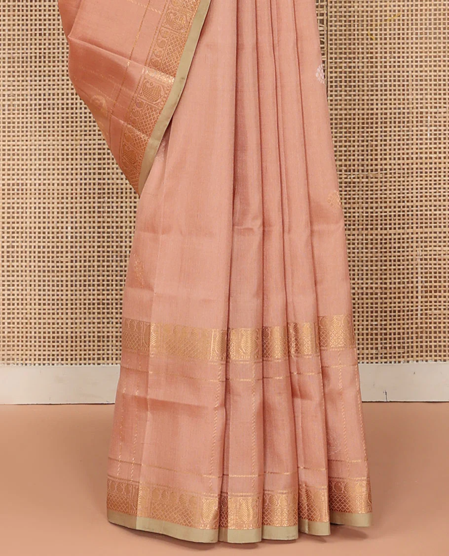 Pastel Pink Uppada Silk Saree Woven with Floral Buttas, Captivating Contrast Border of Traditional Zari Motifs and Peacock Motifs, Pallu Depicting Floral Jaal Design, and Paired with a Contrast Zari-Bordered Blouse - Image 4
