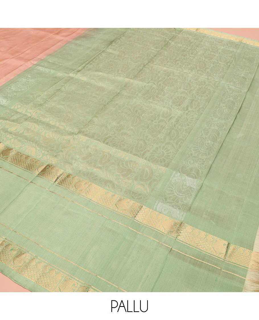 Pastel Pink Uppada Silk Saree Woven with Floral Buttas, Captivating Contrast Border of Traditional Zari Motifs and Peacock Motifs, Pallu Depicting Floral Jaal Design, and Paired with a Contrast Zari-Bordered Blouse - Image 5