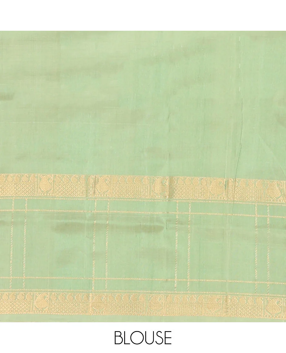 Pastel Pink Uppada Silk Saree Woven with Floral Buttas, Captivating Contrast Border of Traditional Zari Motifs and Peacock Motifs, Pallu Depicting Floral Jaal Design, and Paired with a Contrast Zari-Bordered Blouse - Image 6