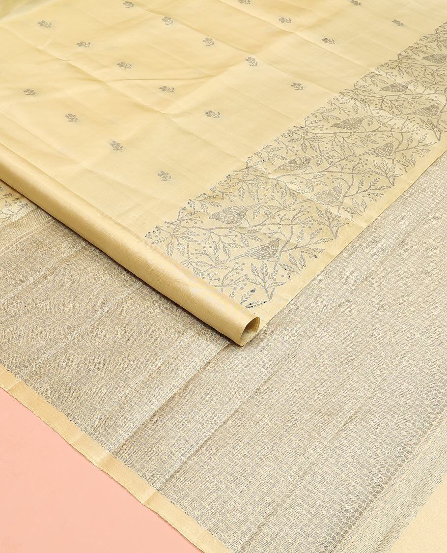 Pastel yellow floral buttas Mayuri soft silk saree, floral-bird design border, and intricately designed pallu - Image 2