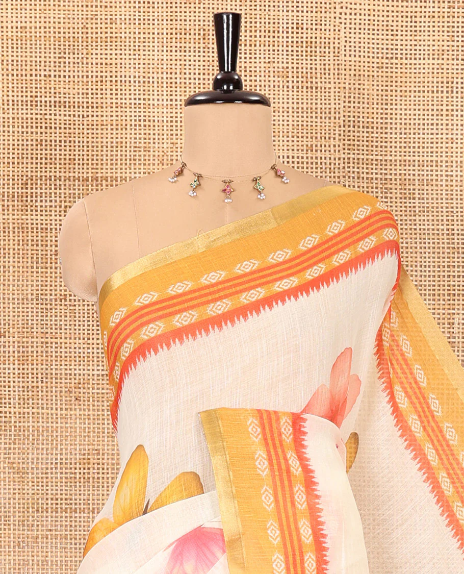Peach and mustard color butterfly motifs printed linen-cotton saree with contrast geometric-printed border and a printed blouse - Image 2