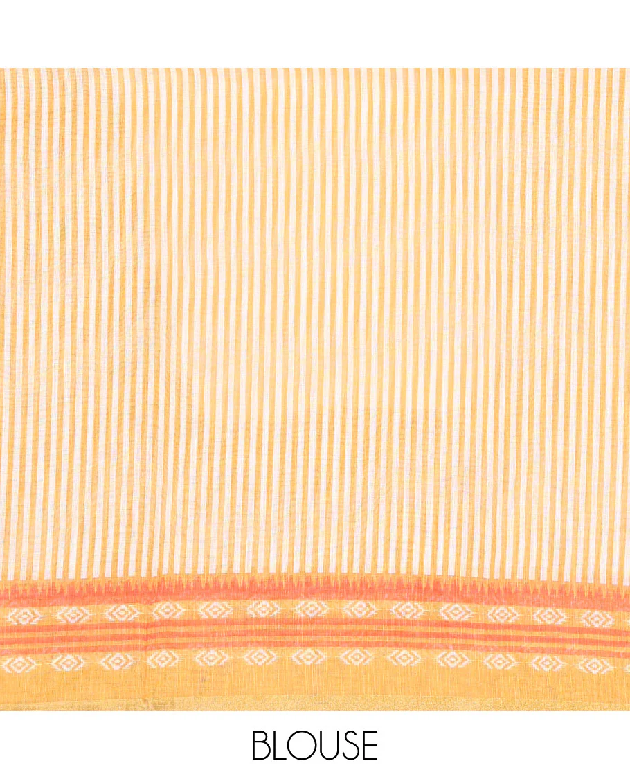 Peach and mustard color butterfly motifs printed linen-cotton saree with contrast geometric-printed border and a printed blouse - Image 3