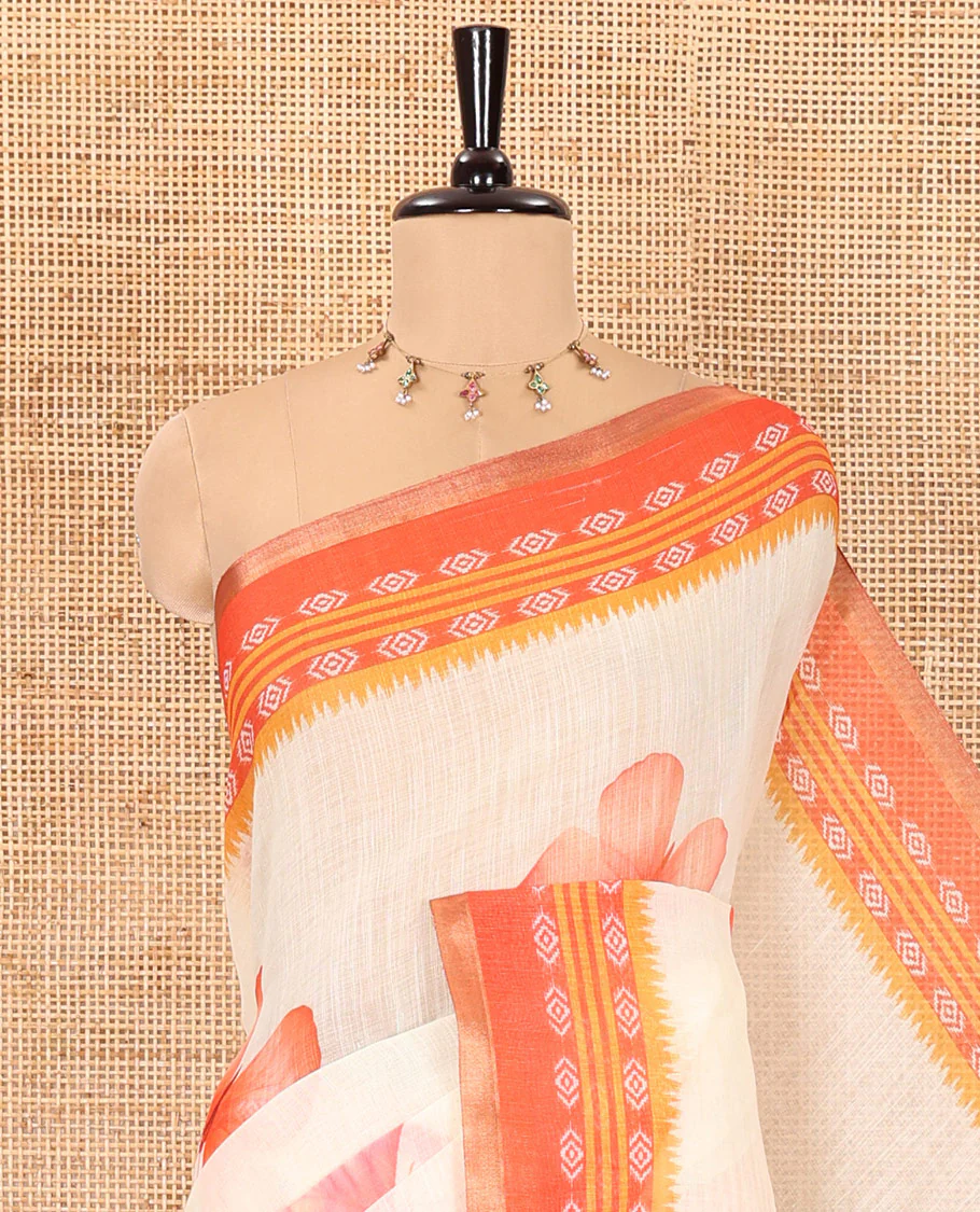 Peach and red color butterfly motifs printed linen-cotton saree with contrast geometric-printed border and a printed blouse - Image 2