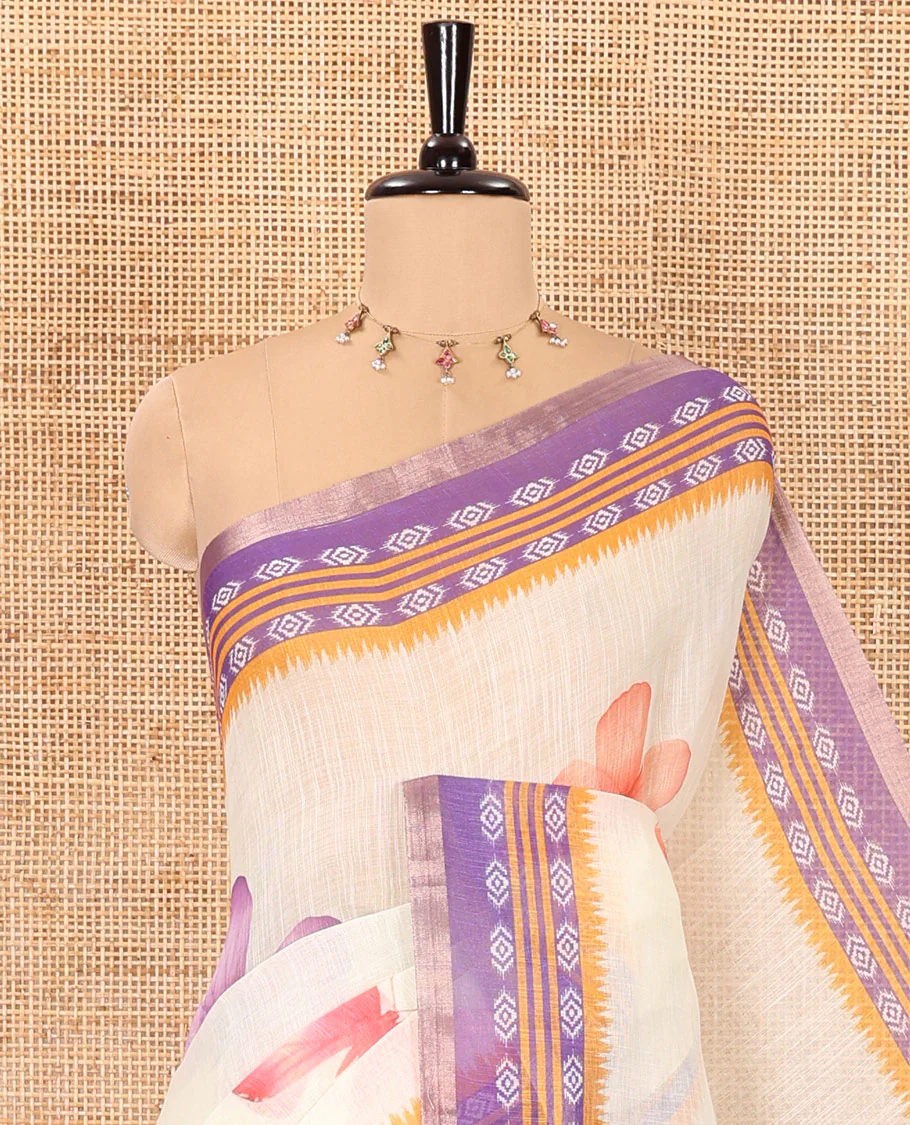 Peach and violet color butterfly motifs printed linen-cotton saree with contrast geometric-printed border and a printed blouse - Image 2