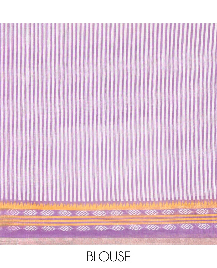 Peach and violet color butterfly motifs printed linen-cotton saree with contrast geometric-printed border and a printed blouse - Image 3