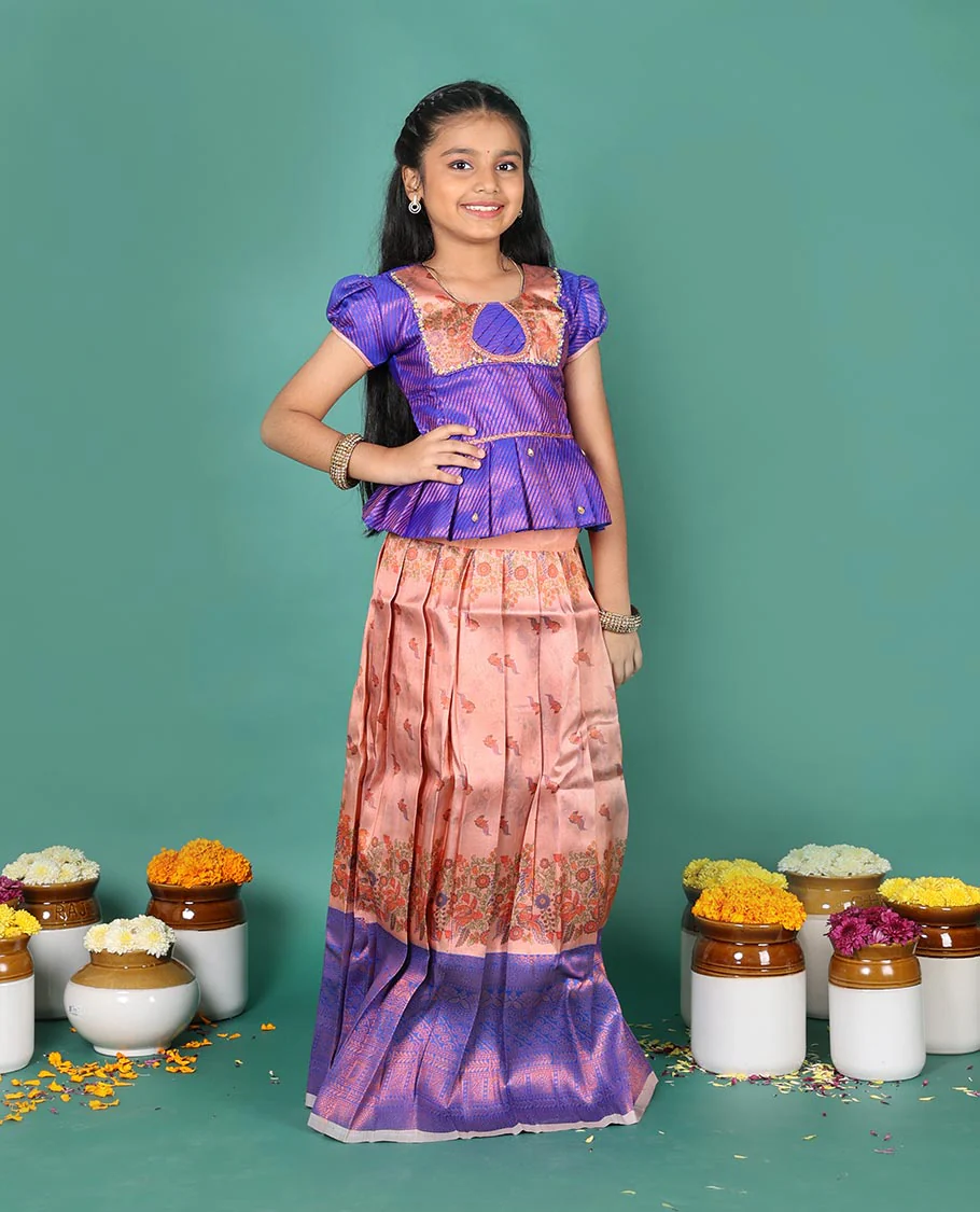 Peach art silk pavadai Readymade set, jacquard with contrast traditional zari border skirt, and contrast neck embroidered puff-sleeve blouse