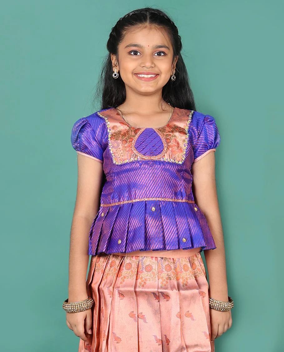 Peach art silk pavadai Readymade set, jacquard with contrast traditional zari border skirt, and contrast neck embroidered puff-sleeve blouse - Image 2