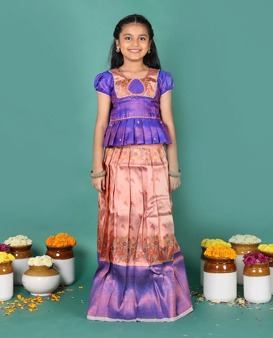 Peach art silk pavadai Readymade set, jacquard with contrast traditional zari border skirt, and contrast neck embroidered puff-sleeve blouse - Image 4