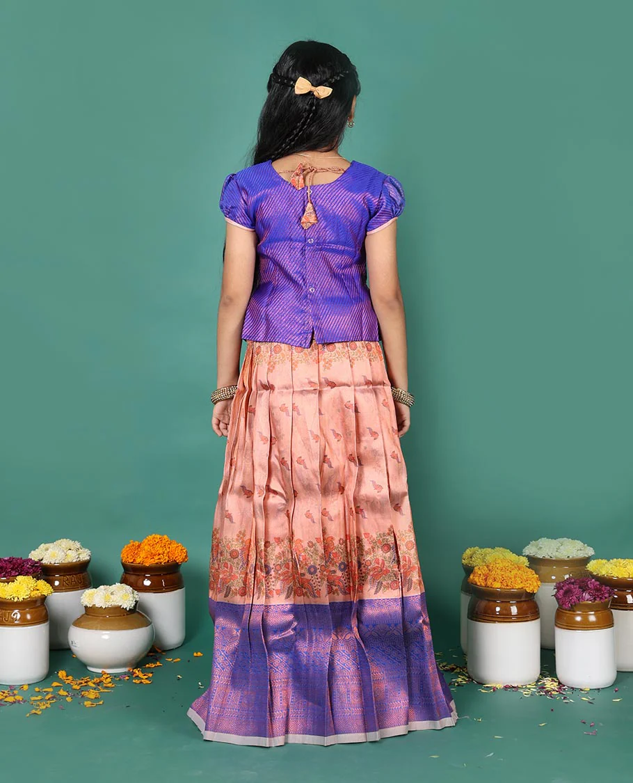 Peach art silk pavadai Readymade set, jacquard with contrast traditional zari border skirt, and contrast neck embroidered puff-sleeve blouse - Image 5