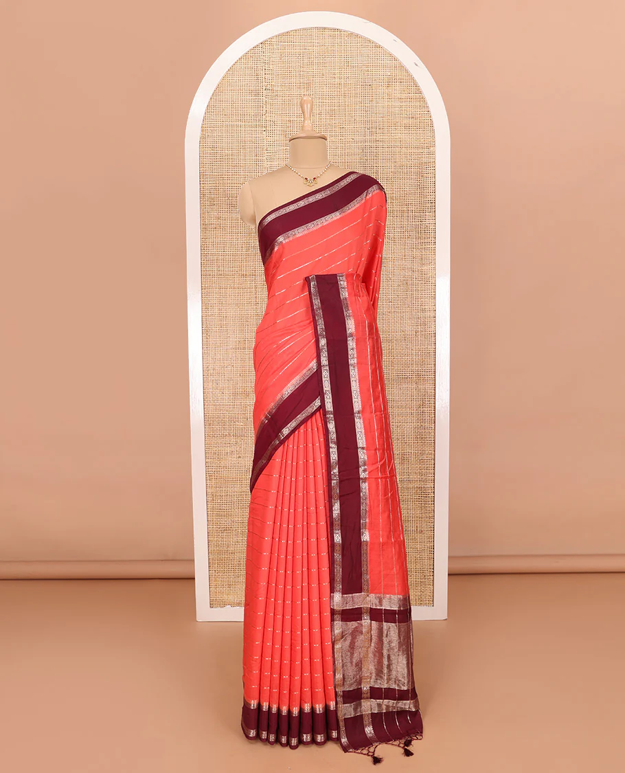 Peach Assam Silk Saree Embellished with Zari Stripes, Complemented with a Contrast Traditional Design Border, Zari-Elevated Pallu, and Paired with a Contrast Blouse - Image 2