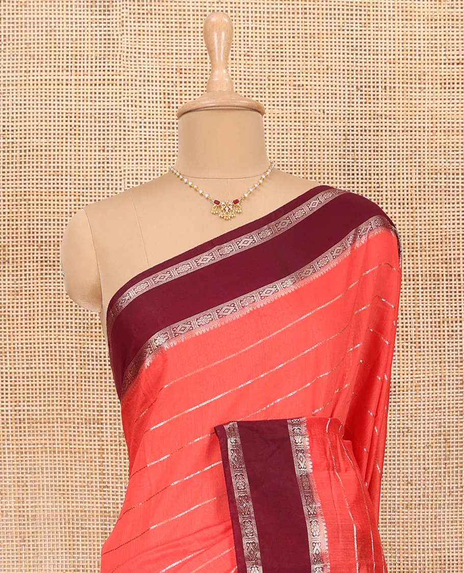 Peach Assam Silk Saree Embellished with Zari Stripes, Complemented with a Contrast Traditional Design Border, Zari-Elevated Pallu, and Paired with a Contrast Blouse - Image 3