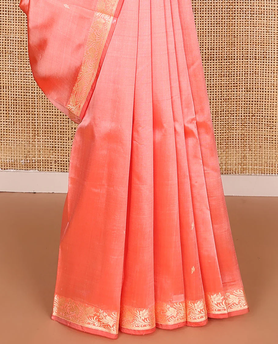 Peach buttas banarasi kathan silk saree, floral creeper border, and pallu of floral jaal design - Image 5