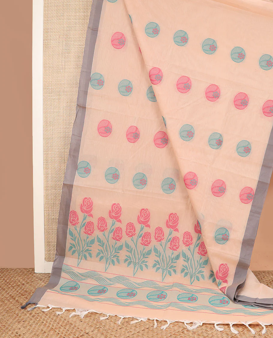 Peach buttas coimbatore cotton saree, contrast plain border and pallu of rose floral motifs - Image 2