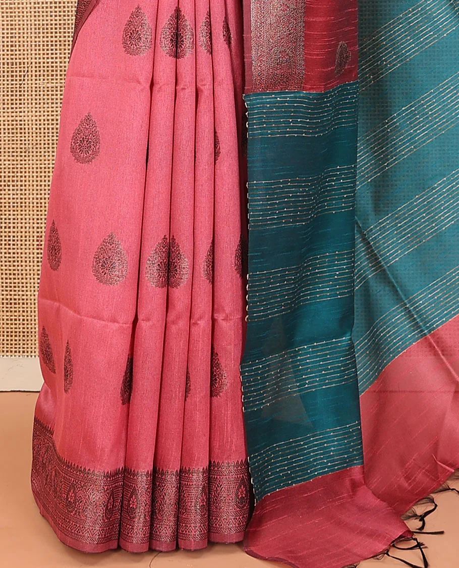 Peach buttas dupion saree, traditional border, and contrast pallu of sequins stripes - Image 3