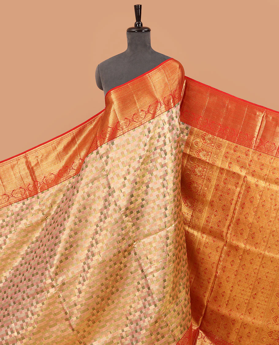Peach checked Samudrika silk saree, contrast border of thilakam mokku,muthu,banaras,floral,mayil kann & cross kamalam & jaal pallu