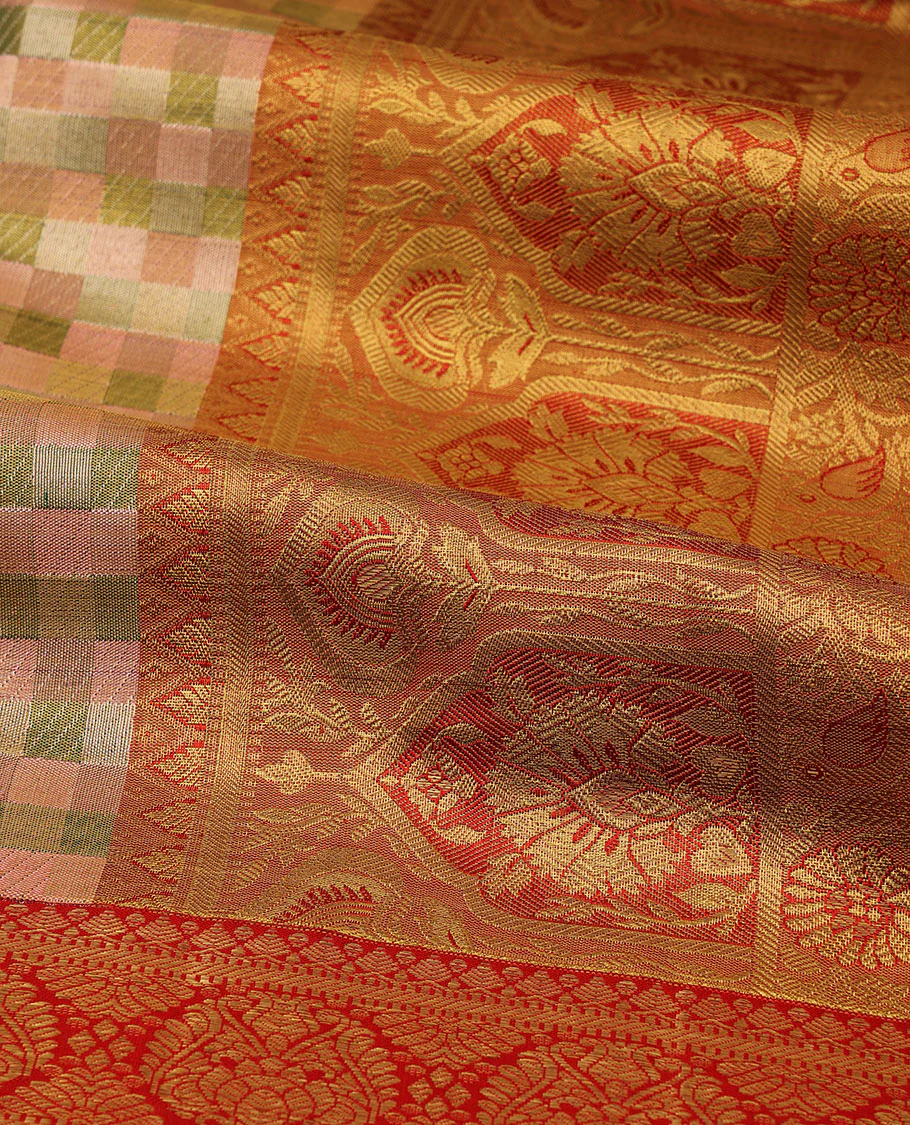 Peach checked Samudrika silk saree, contrast border of thilakam mokku,muthu,banaras,floral,mayil kann & cross kamalam & jaal pallu - Image 6