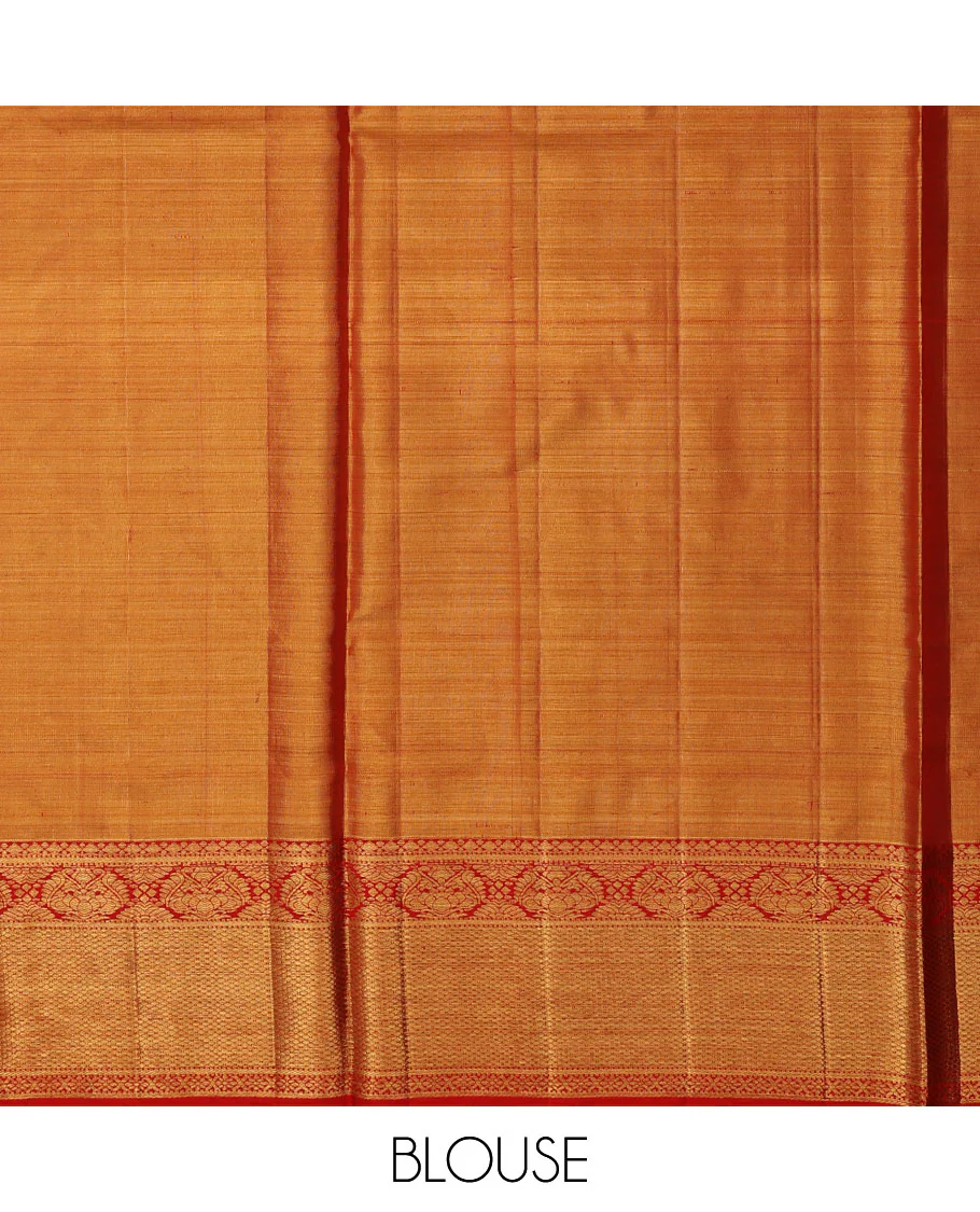 Peach checked Samudrika silk saree, contrast border of thilakam mokku,muthu,banaras,floral,mayil kann & cross kamalam & jaal pallu - Image 7