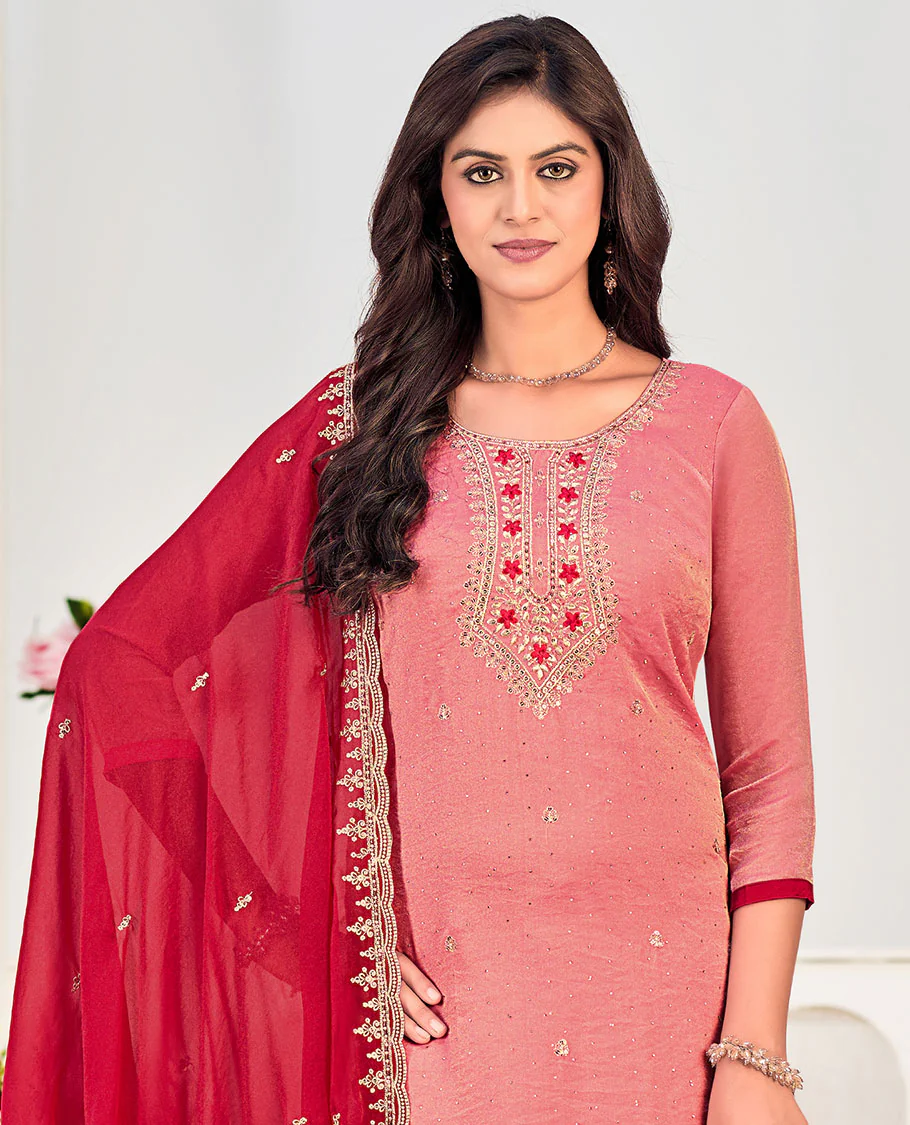 Peach churidar material set, neck embroidered with stone work top, contrast plain bottom, and scallop embroidered dupatta - Image 2