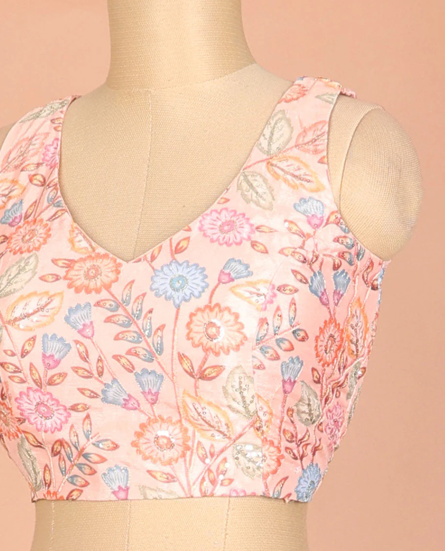 Peach colorful floral vine printed & embroidered front and back leaf-neck sleeveless readymade blouse - Image 2