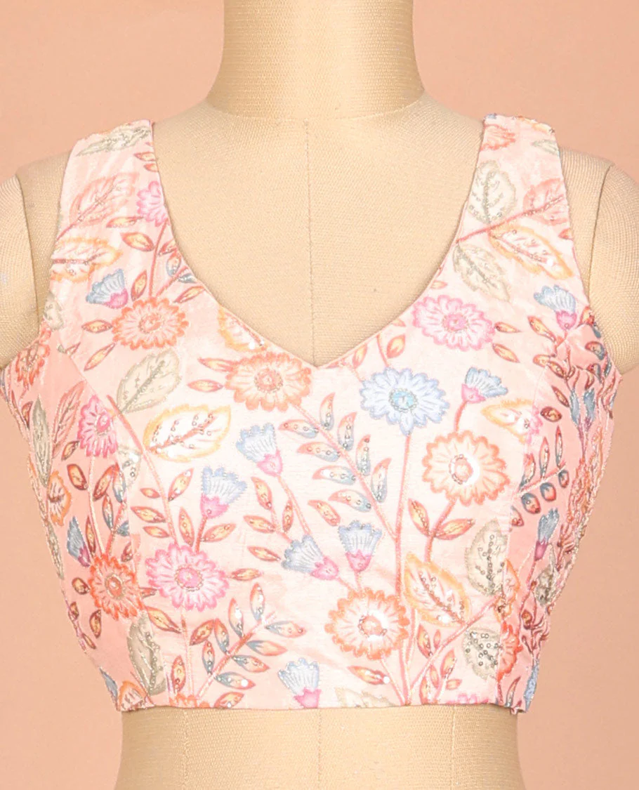 Peach colorful floral vine printed & embroidered front and back leaf-neck sleeveless readymade blouse - Image 3