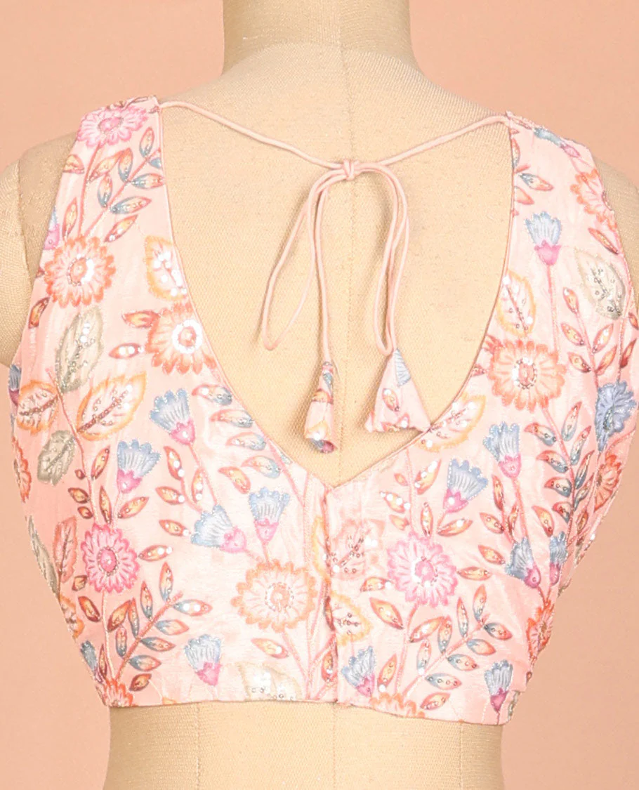 Peach colorful floral vine printed & embroidered front and back leaf-neck sleeveless readymade blouse - Image 4