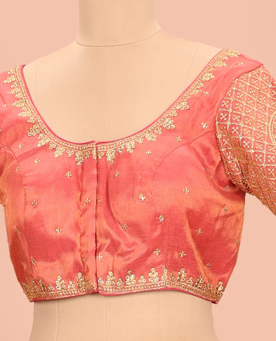 Peach embroidered round neck with elbow sleeve raw-silk blouse - Image 2