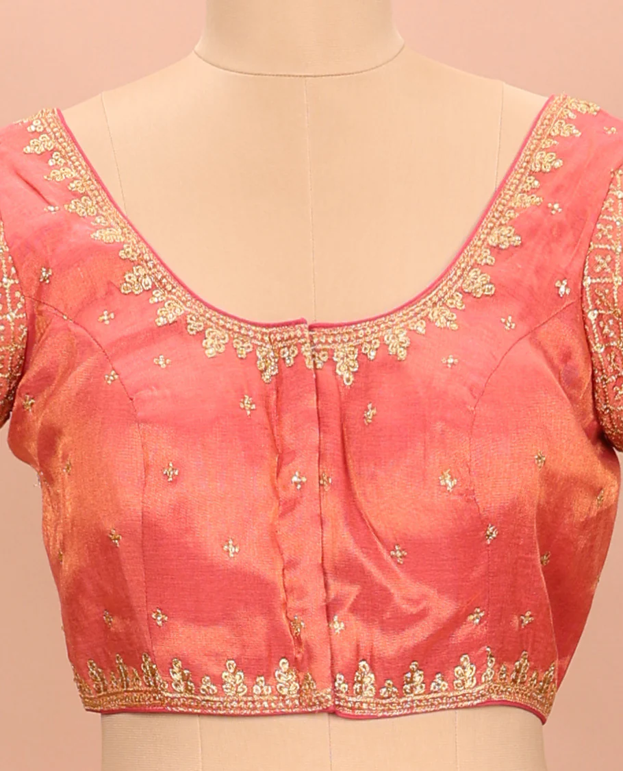 Peach embroidered round neck with elbow sleeve raw-silk blouse - Image 3