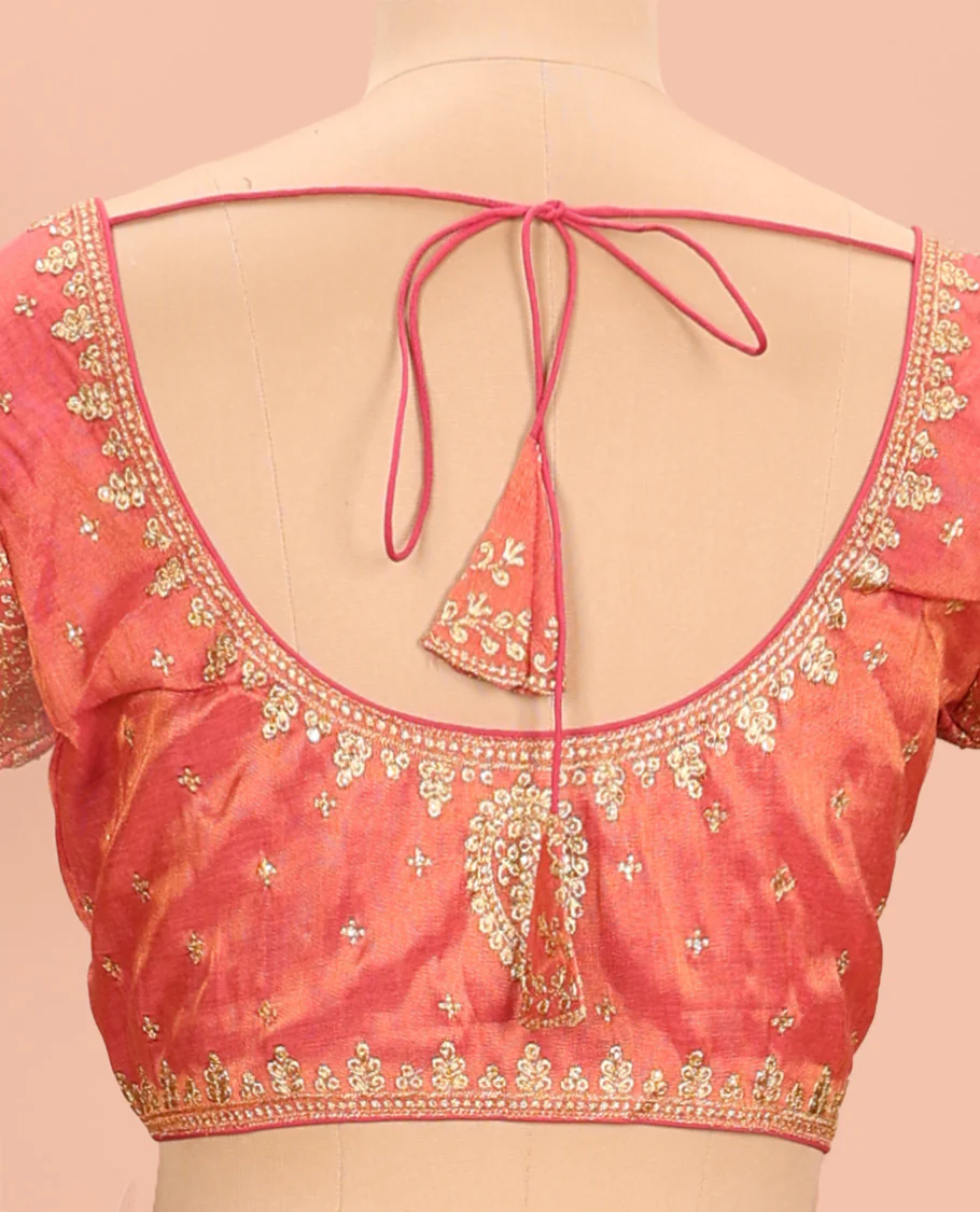 Peach embroidered round neck with elbow sleeve raw-silk blouse - Image 4