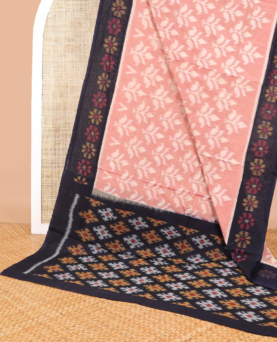 Peach floral ikkat cotton saree with contrast floral design border & floral design pallu - Image 2
