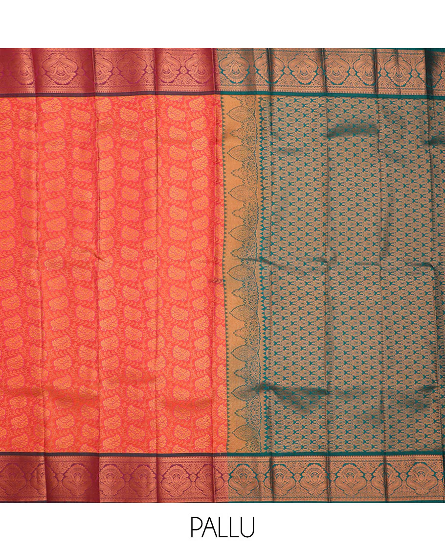 Peach floral jaal jacquard gift saree, contrast traditional zari design border, and intricately zari woven pallu - Image 4