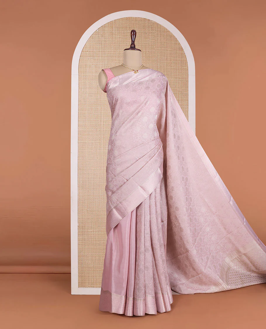 Peach floral jacquard Mysore silk saree, traditional zari border, and zari-rich jaal pallu - Image 2