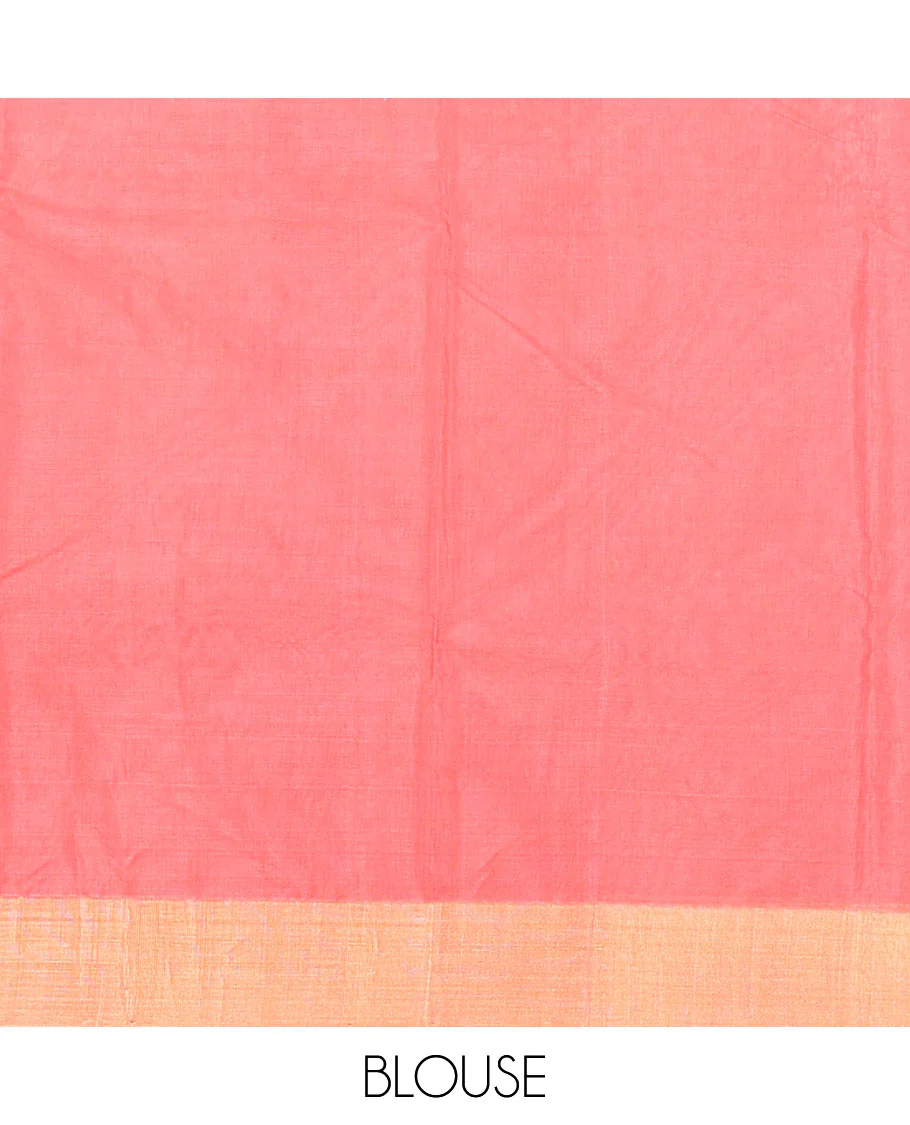 Peach floral motifs chanderi cotton saree with contrast zari border & striped pallu - Image 5