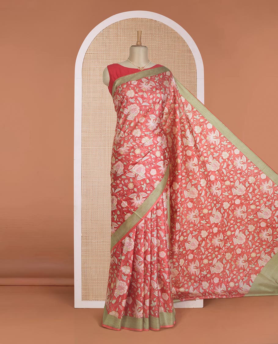 Peach floral motifs printed silk saree, contrast chevron border, and chevron printed pallu - Image 2