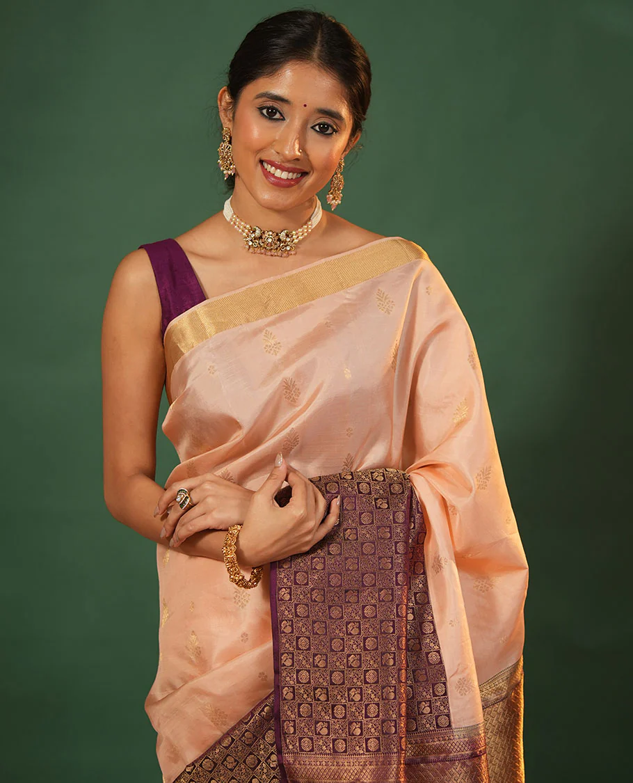 Peach floral zari buttas and skrit-border-style Vasundhara silk saree, contrast annam chakram butta enclosed checked border, and zari-rich jaal pallu - Image 2