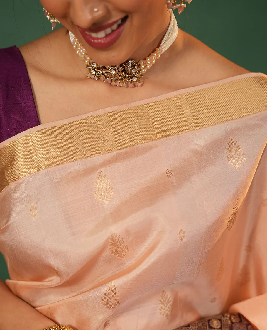 Peach floral zari buttas and skrit-border-style Vasundhara silk saree, contrast annam chakram butta enclosed checked border, and zari-rich jaal pallu - Image 3