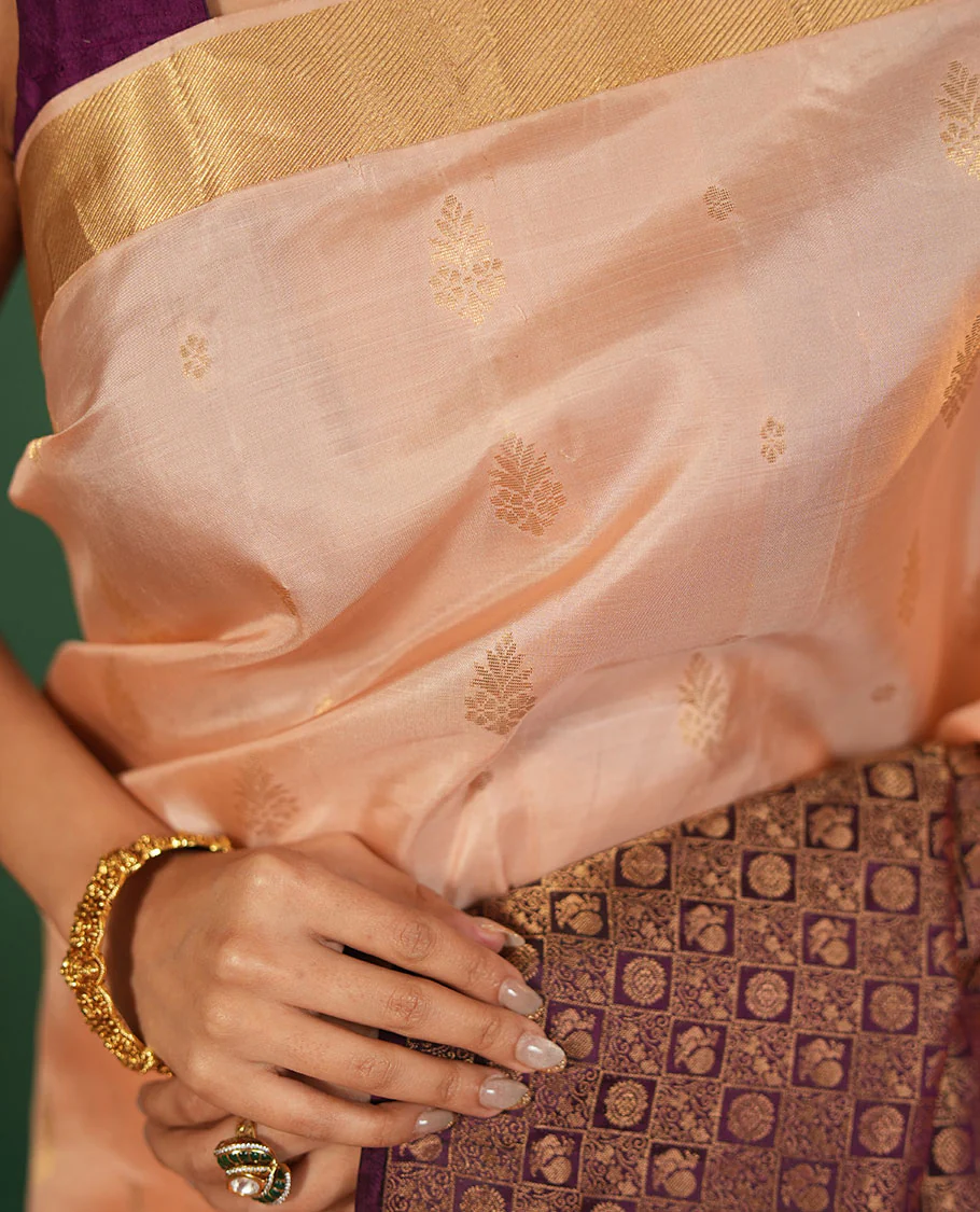 Peach floral zari buttas and skrit-border-style Vasundhara silk saree, contrast annam chakram butta enclosed checked border, and zari-rich jaal pallu - Image 4