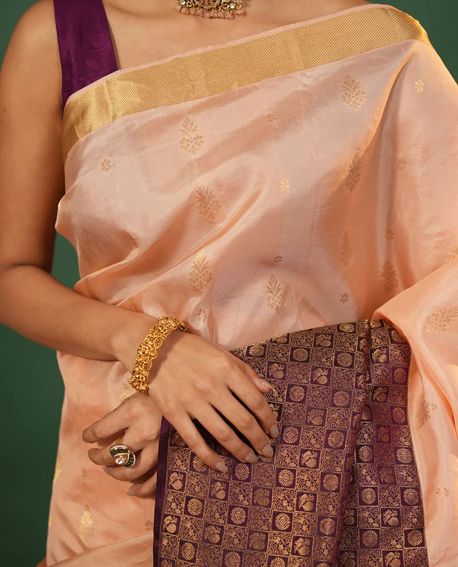 Peach floral zari buttas and skrit-border-style Vasundhara silk saree, contrast annam chakram butta enclosed checked border, and zari-rich jaal pallu - Image 5