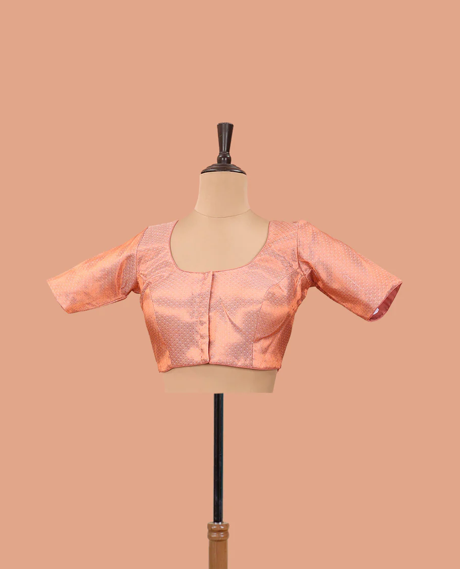 Peach geometric jacquard front-back round neck elbow sleeve readymade blouse
