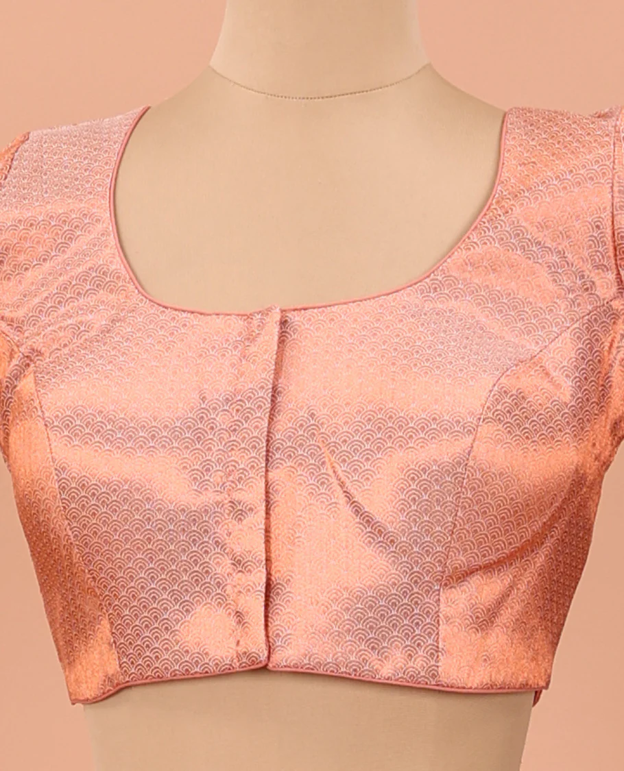 Peach geometric jacquard front-back round neck elbow sleeve readymade blouse - Image 2