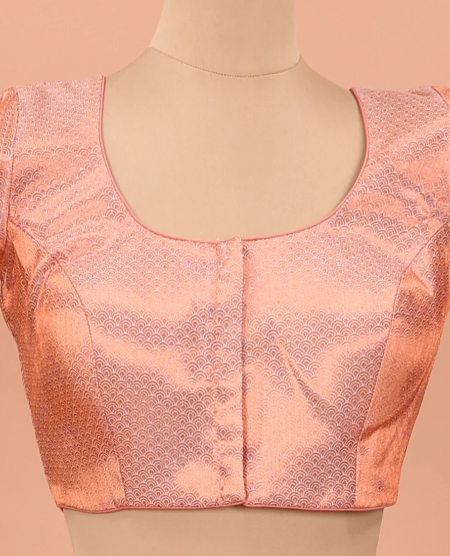Peach geometric jacquard front-back round neck elbow sleeve readymade blouse - Image 3