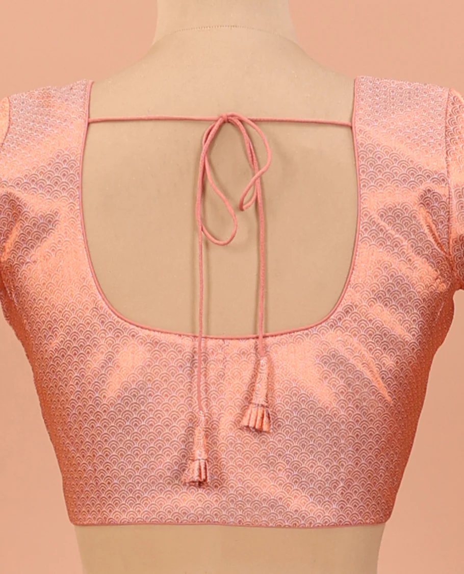 Peach geometric jacquard front-back round neck elbow sleeve readymade blouse - Image 4