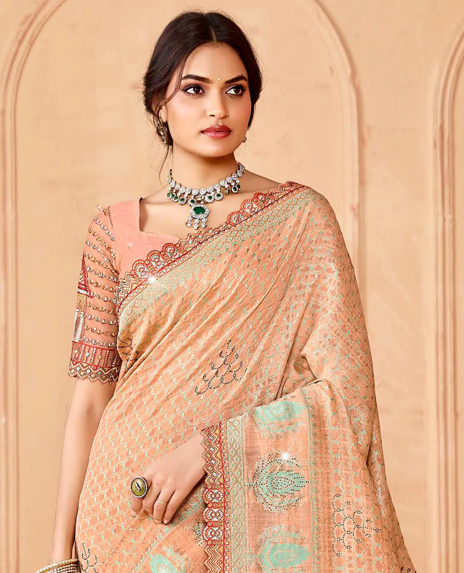 Peach jaal design and micro-stone work designer saree, embroidered scallop border, and  pallu of leaf patterns and stone work - Image 2