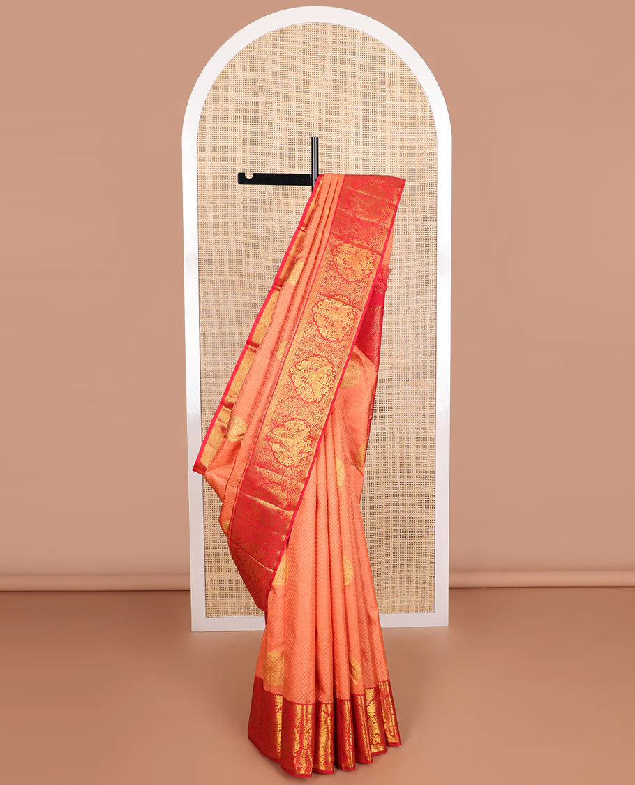 Peach jaal design Parampara silk saree with contrast border of thilakam mokku, muthu, banaras designs & floral design pallu