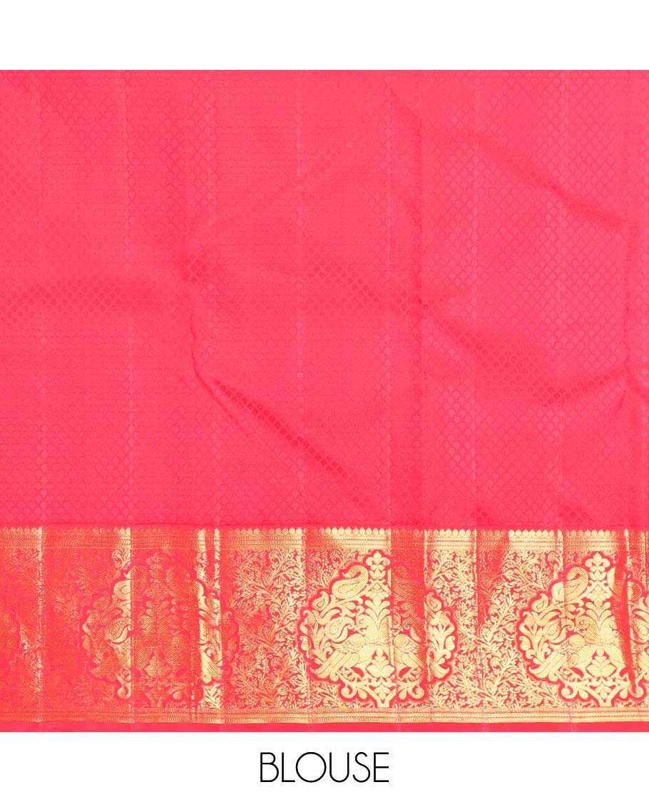 Peach jaal design Parampara silk saree with contrast border of thilakam mokku, muthu, banaras designs & floral design pallu - Image 6