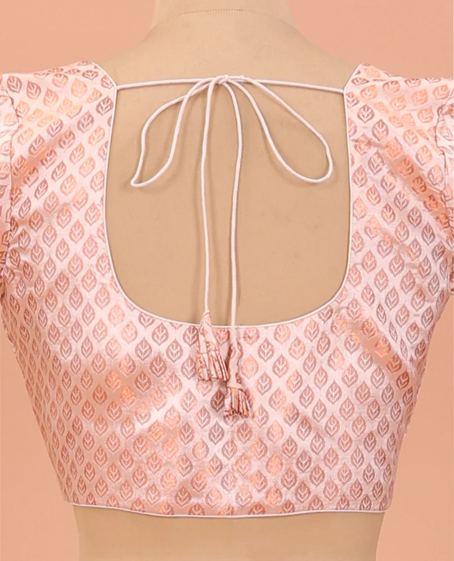 Peach leaf jacquard front-back round neck elbow sleeve readymade blouse - Image 4