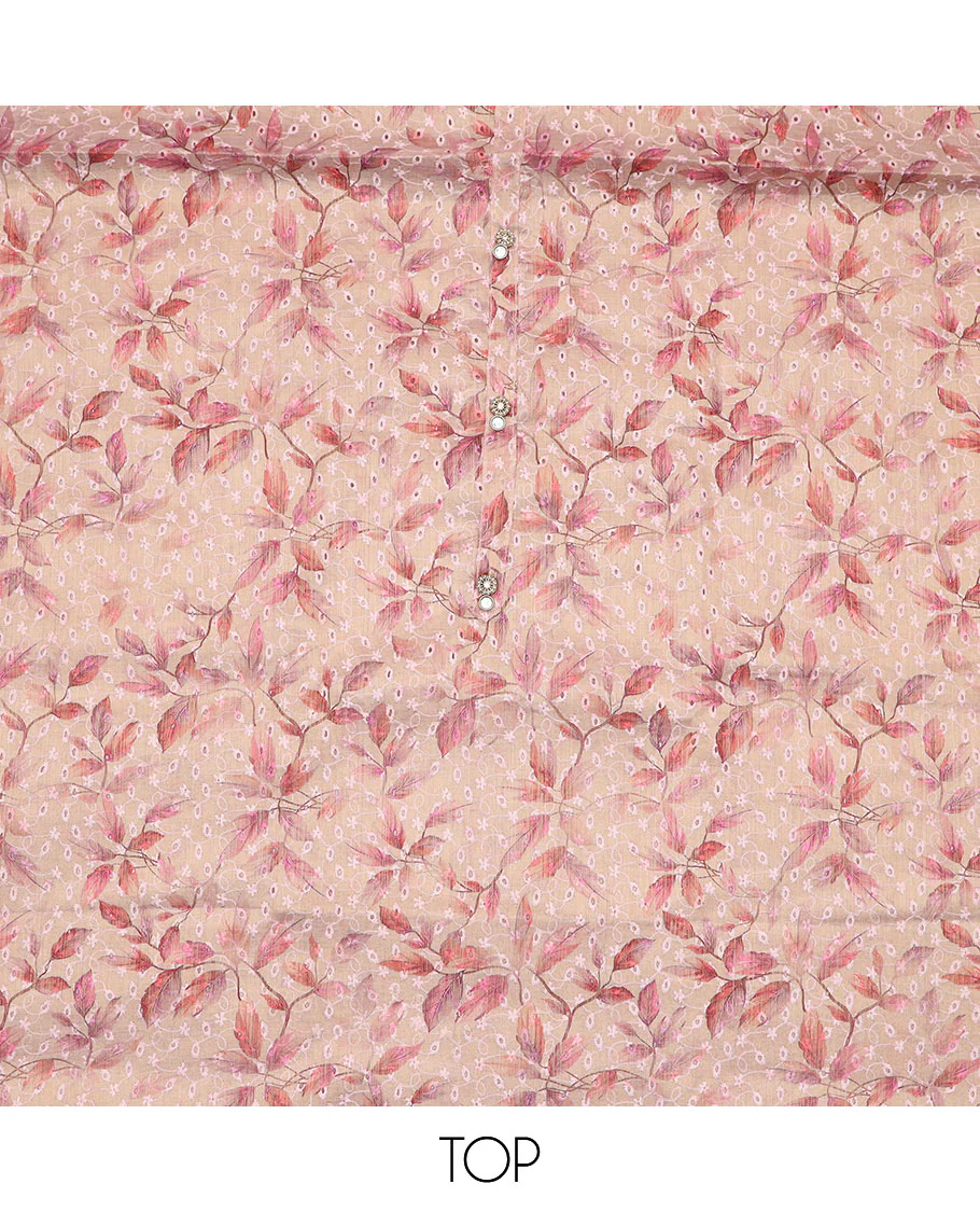 Peach material chudidar set, floral print with thread embroidered top, contrast plain bottom and sequins striped dupatta - Image 2