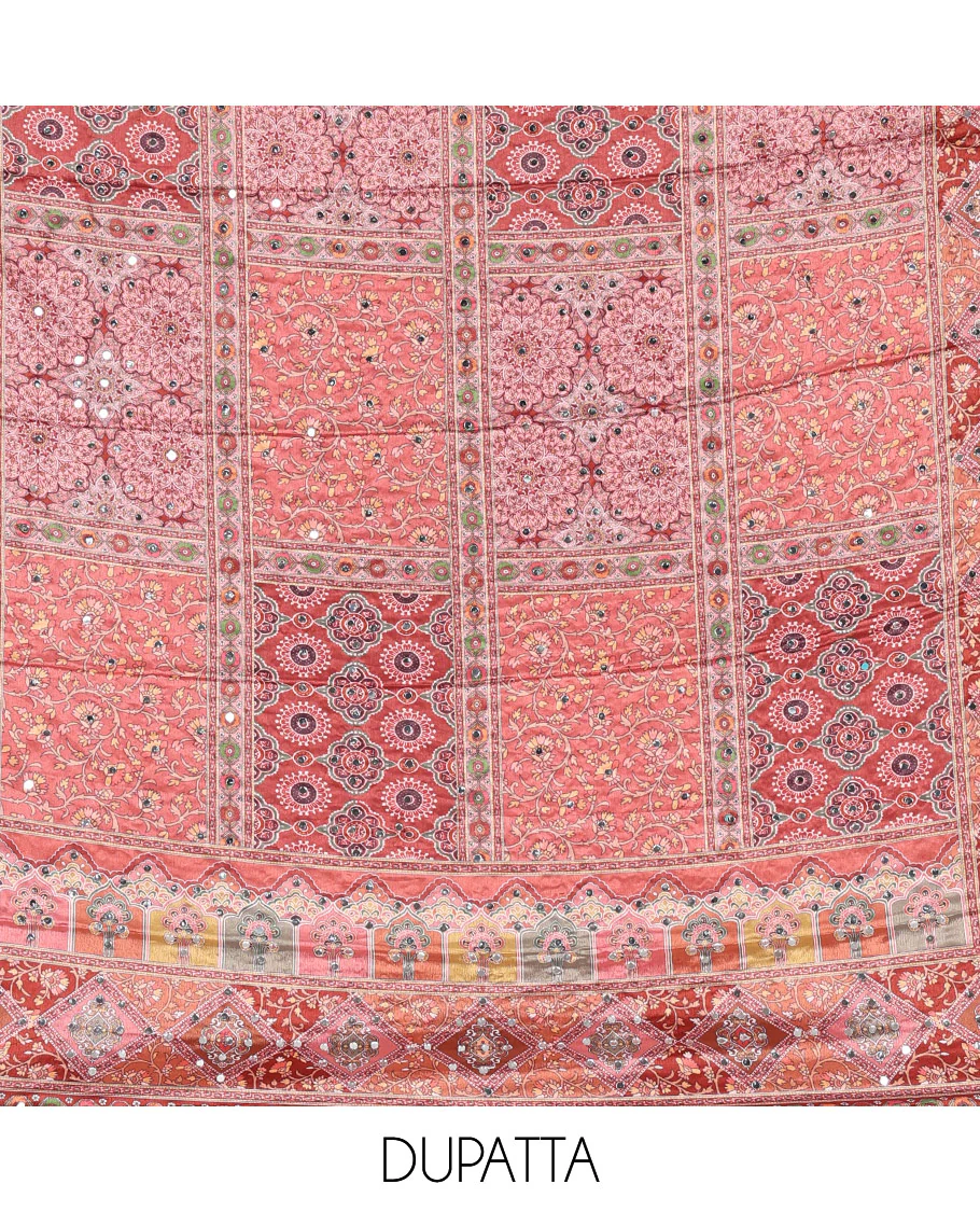 Peach material chudidar set, intricately printed with original mirror work crepe top, Italian crepe bottom, and chinon digital print, mirror work dupatta - Image 2