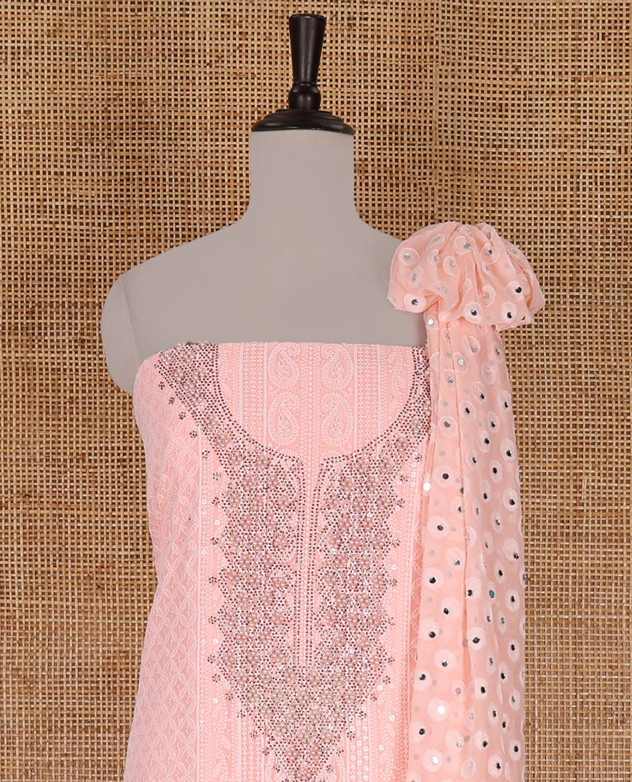 Peach material churidar set, stone work with Schiffli style embroidered georgette top, American Crape bottom, and polka dotted printed mirror work dupatta - Image 3